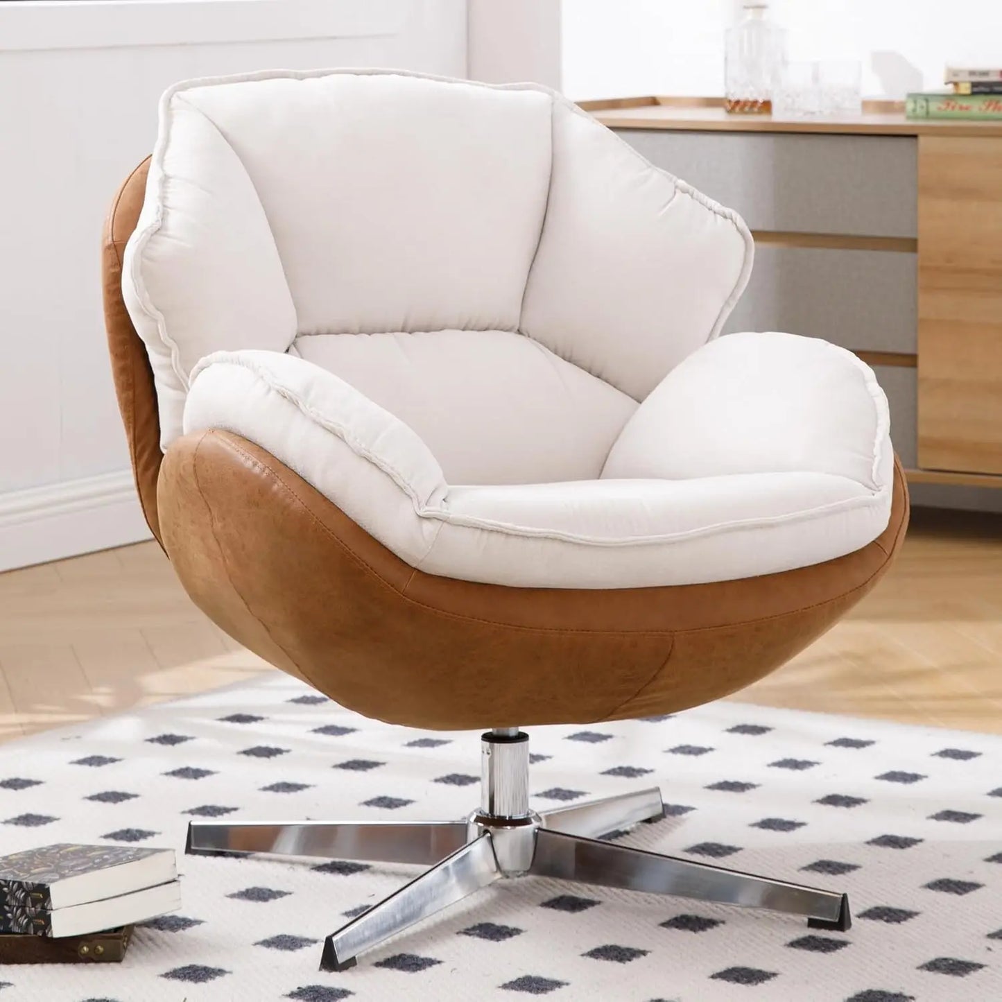 Mid Century Modern Faux Leather Accent Chair With Ottoman