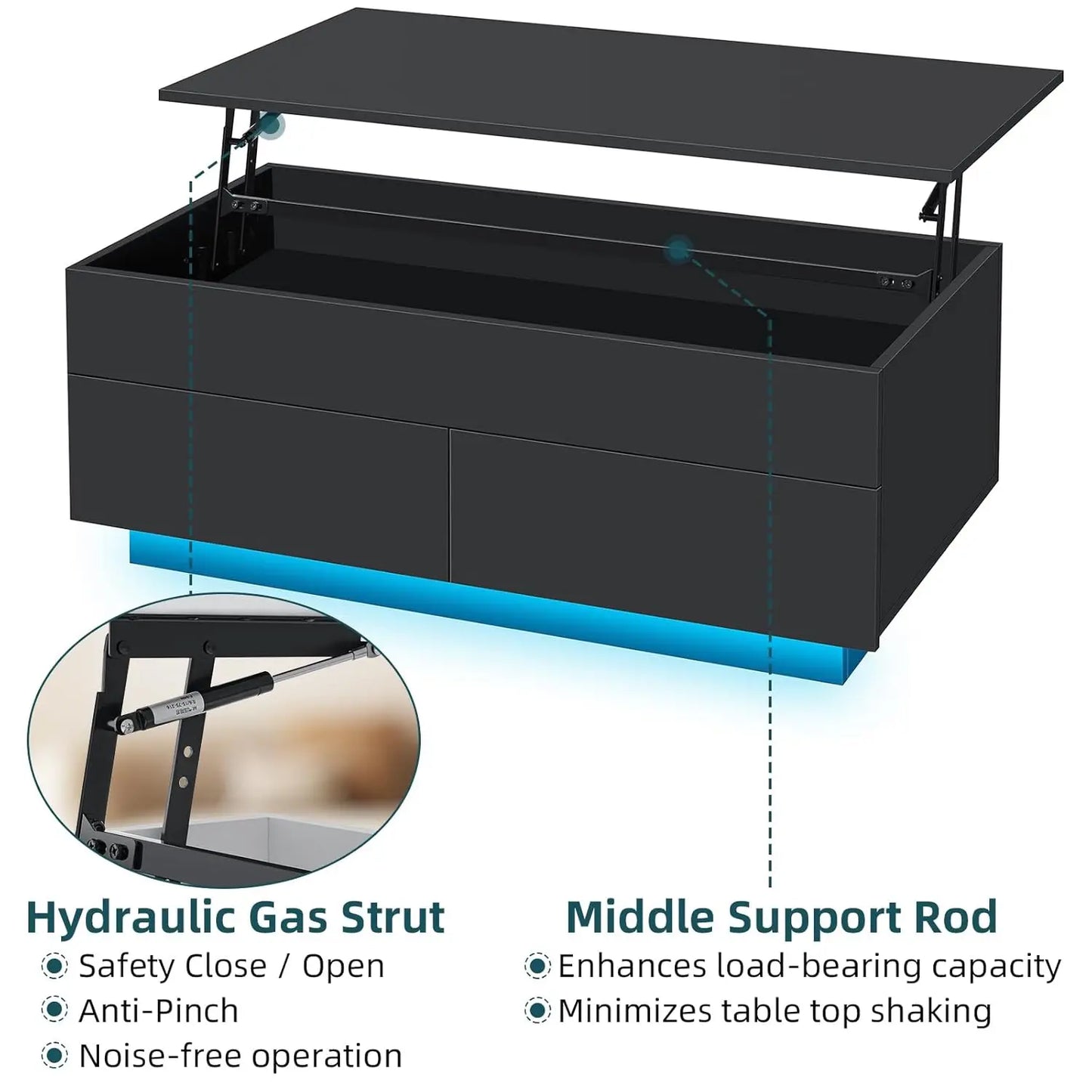 Lift Top Coffee Table With Storage And LED Modern Design