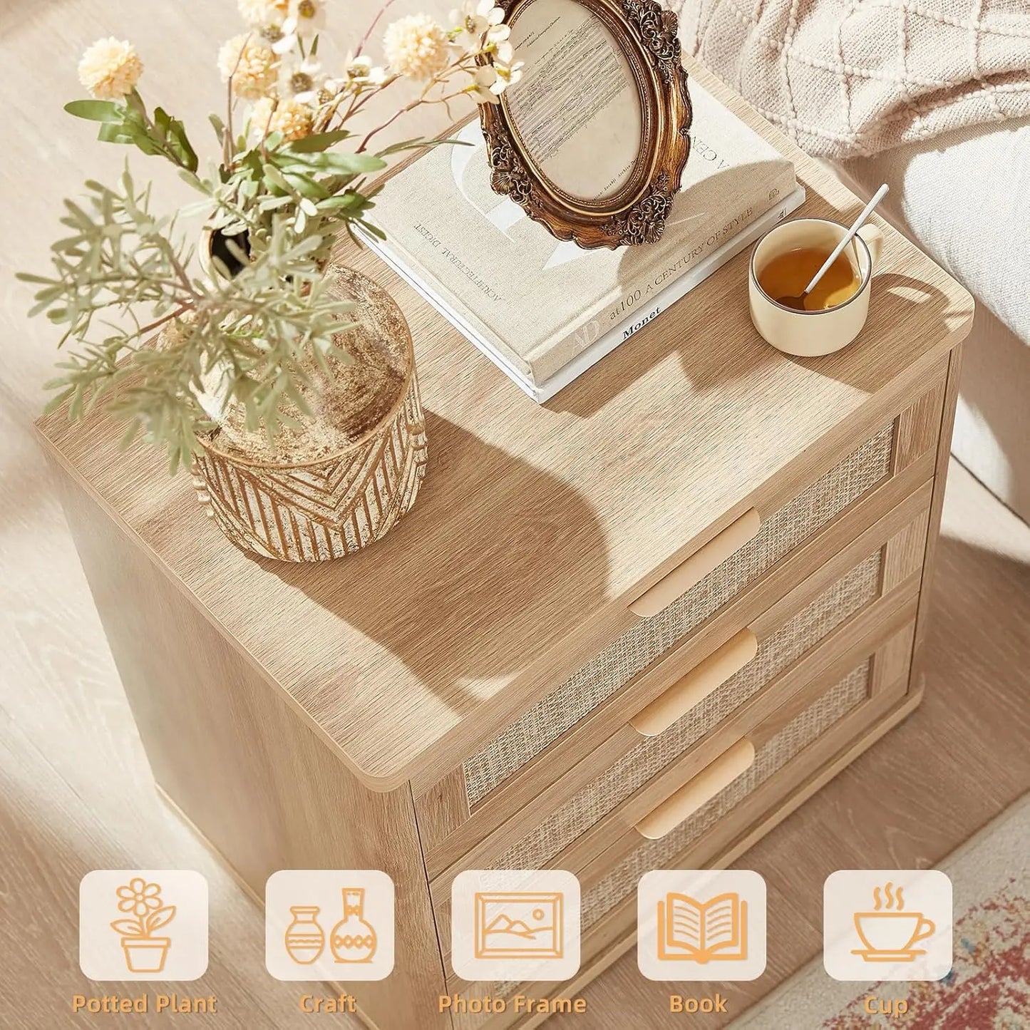 Rattan Nightstand Set Of 2 Boho Natural Wood Bedside Tables With Drawers