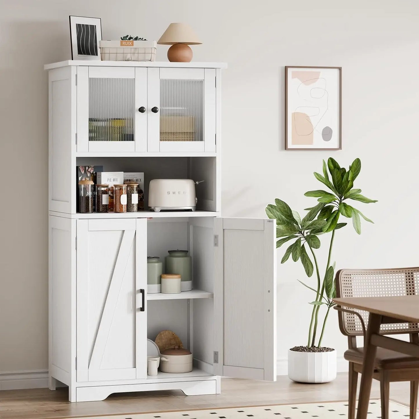 HobbyLane Free Standing Kitchen Pantry Cabinet Tempered Glass Doors