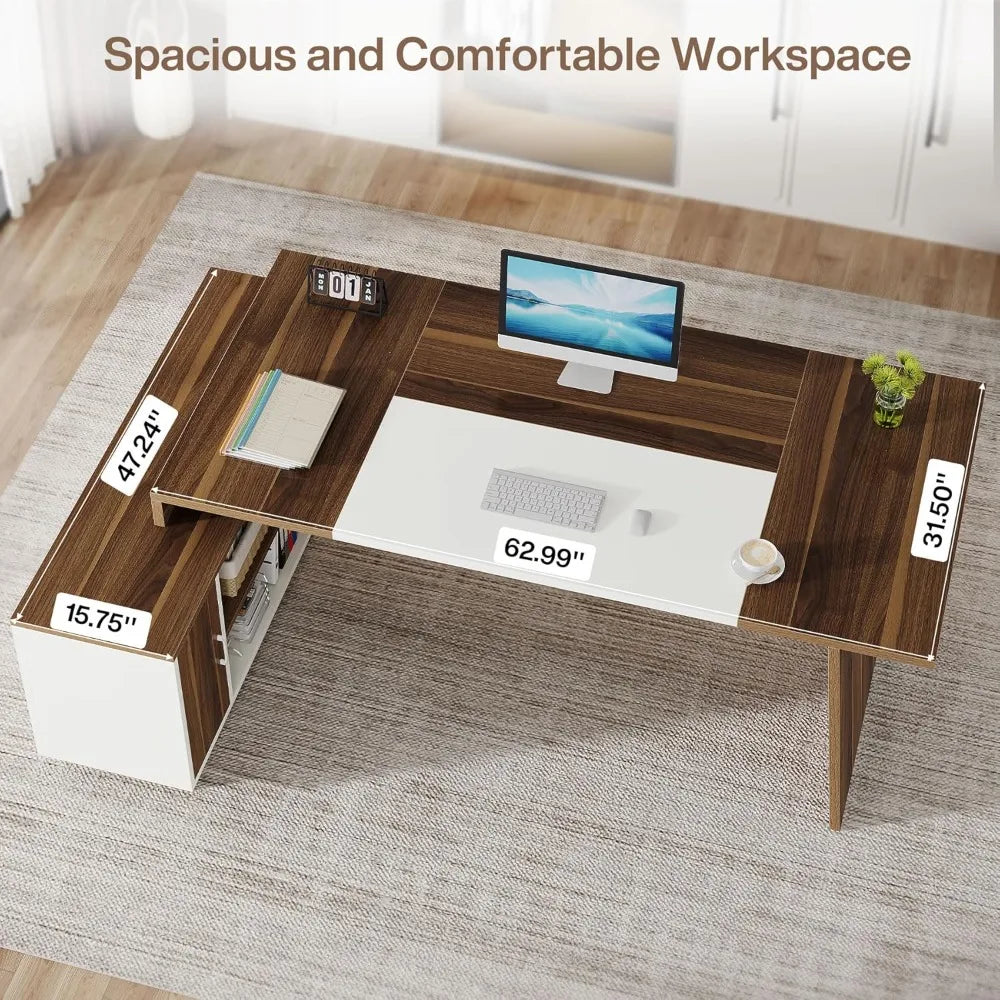 L-Shaped Executive Desk With Storage And Shelves Mid-Century Modern