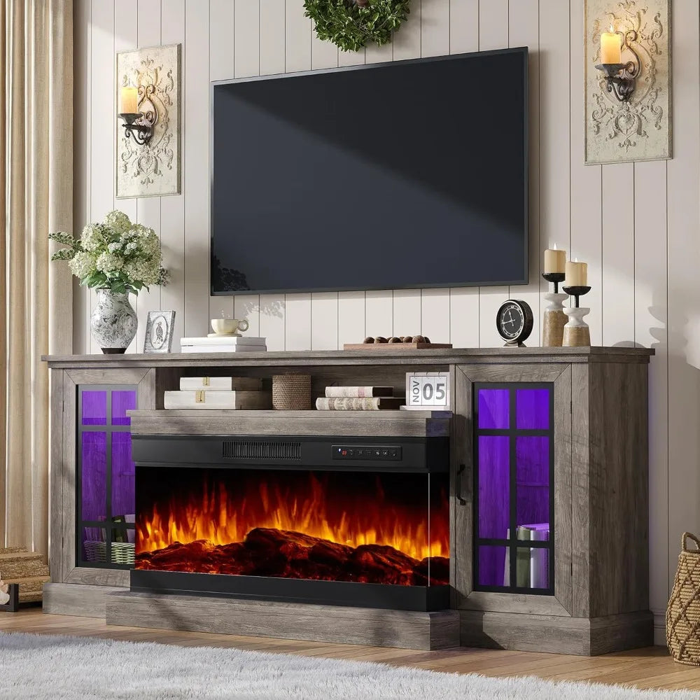 Dafify Modern Glass Fireplace TV Stand With LED Lights