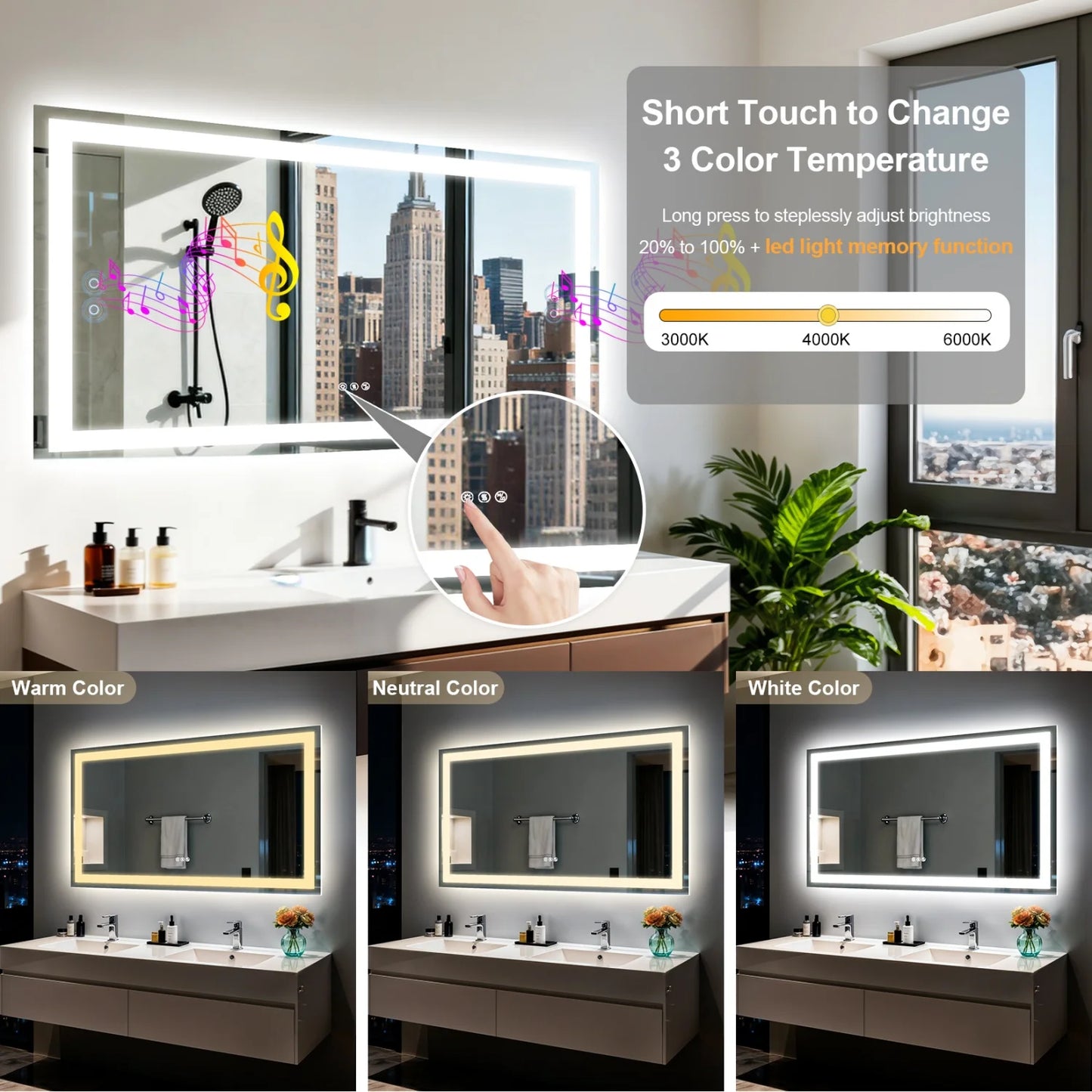 LED Bathroom Mirror With Bluetooth Speaker And Anti Fog Backlit