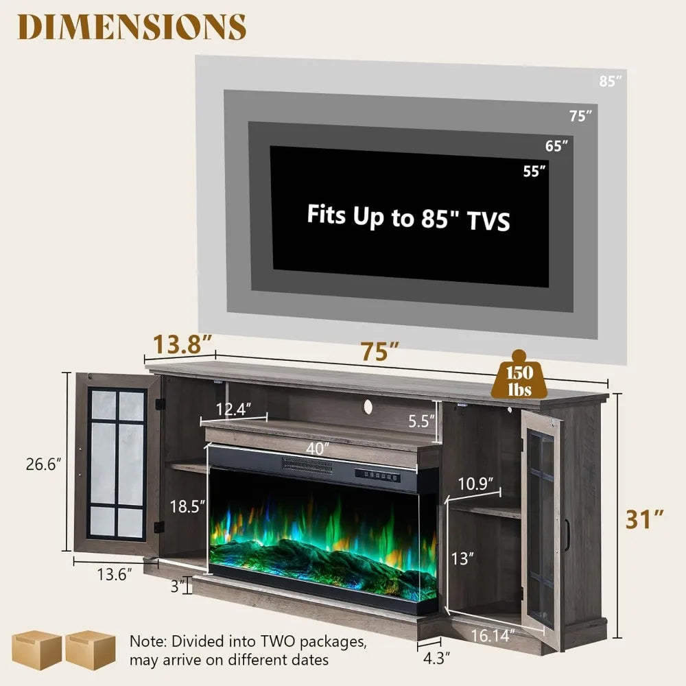 Dafify Modern Glass Fireplace TV Stand With LED Lights