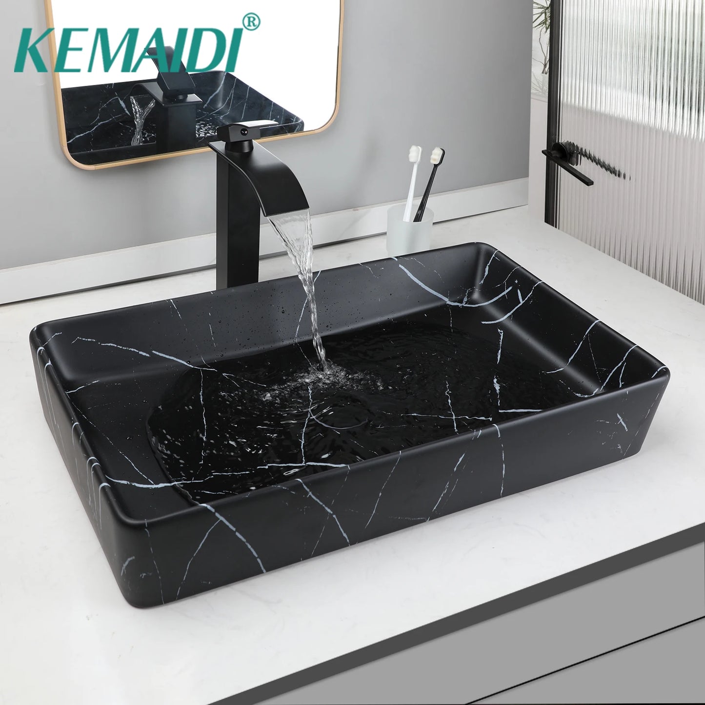 KEMAIDI Rectangular Marble Ceramic Vessel Sink With Faucet Set