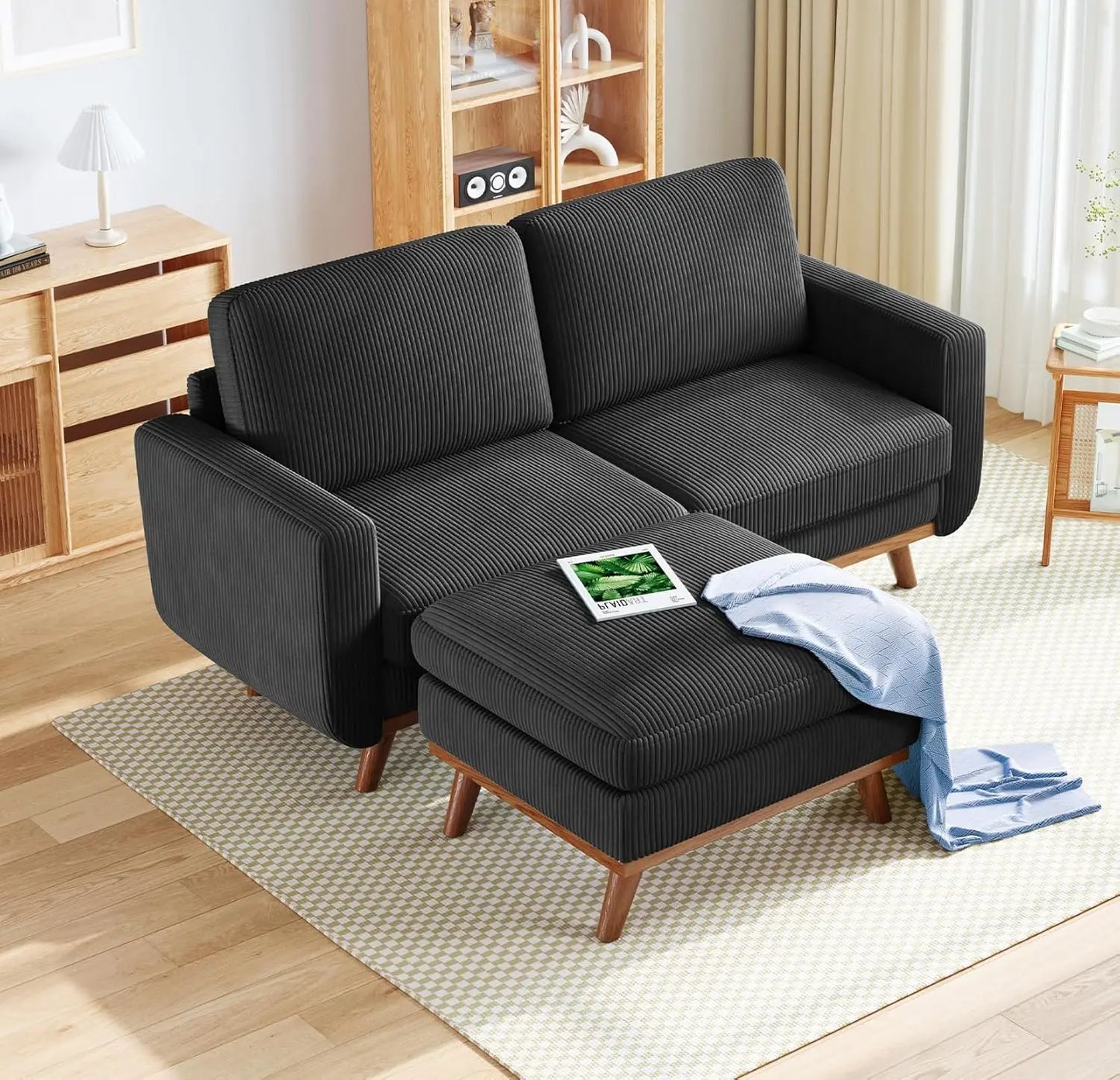 L Shape Modular Sectional Sofa 3 Seat Corduroy Movable Ottoman