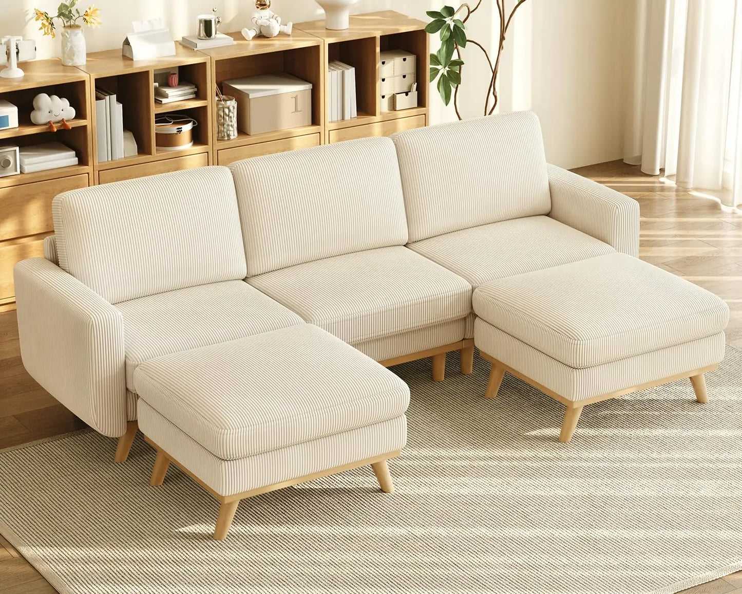 L Shape Modular Sectional Sofa 3 Seat Corduroy Movable Ottoman