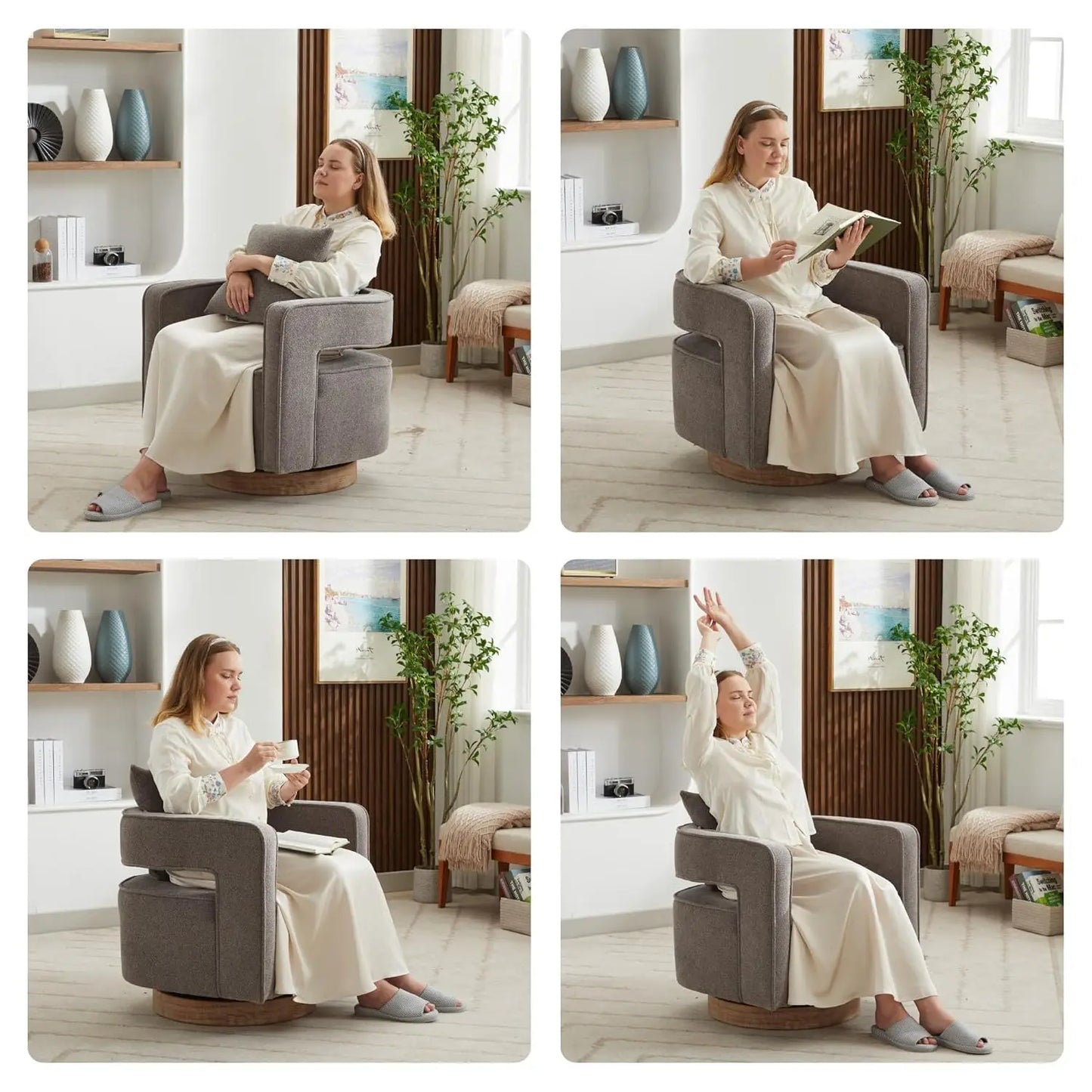 Upholstered Swivel Accent Chair Set Of 2 Linen Open Back