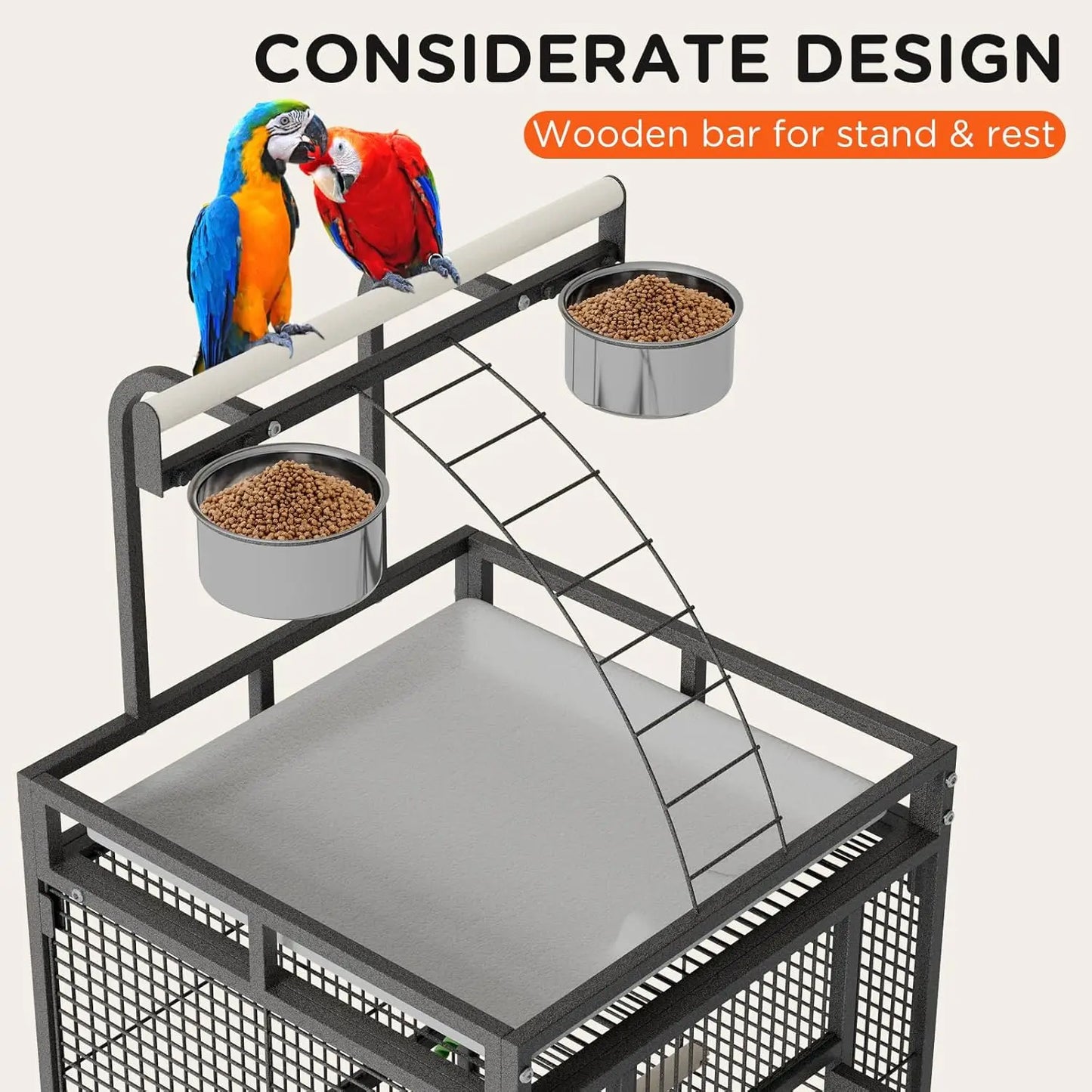 HiMISS Rolling Parrot Cage With Play Top Stainless Steel Bowls