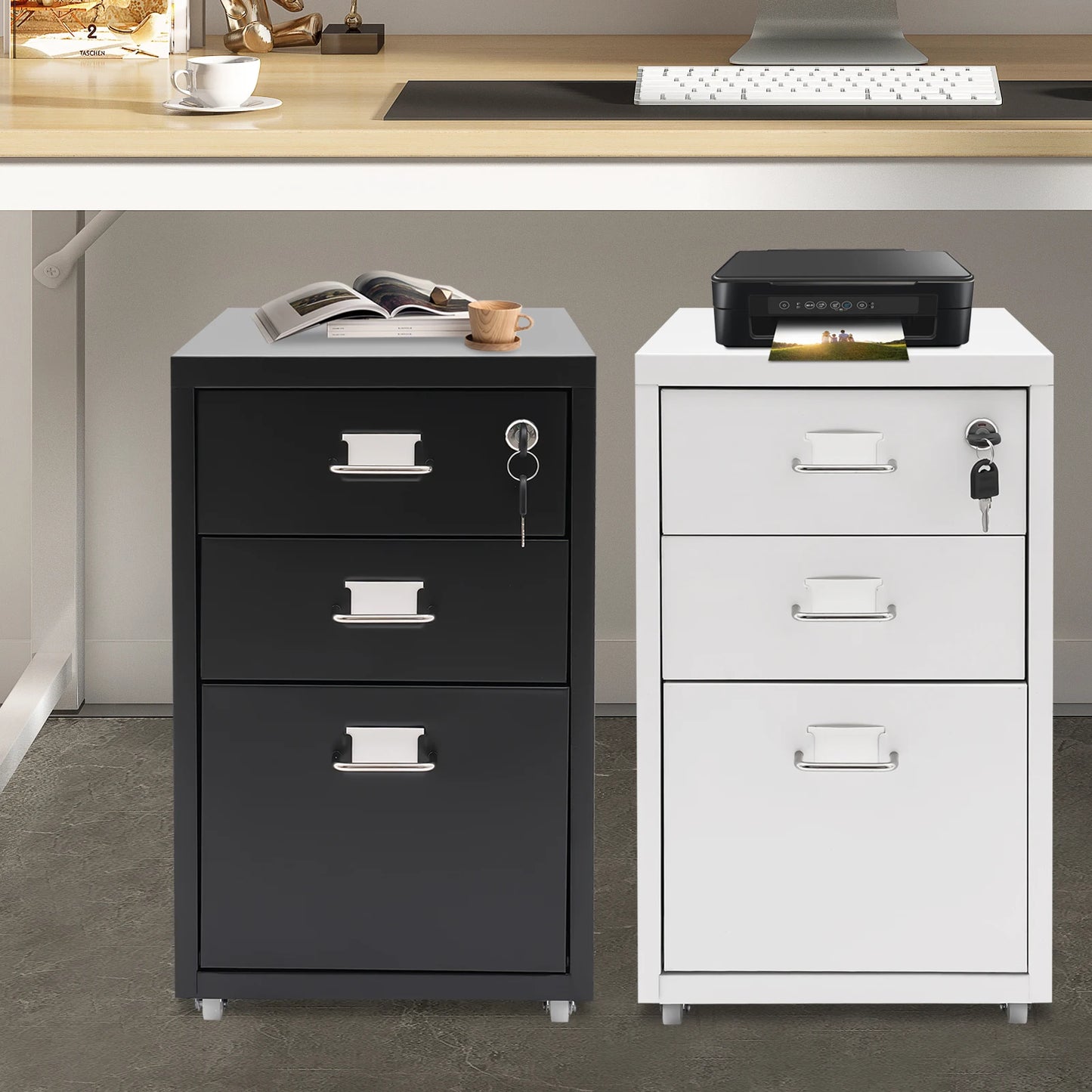 Bymaocar 3 Tier Vertical File Cabinet With Lock On Casters
