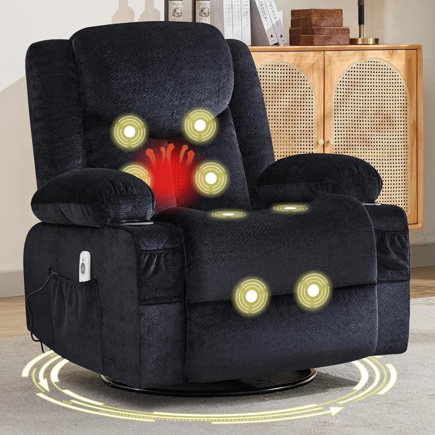 Swivel Recliner Chair With Massage And Heat, Rocker, Cup Holders