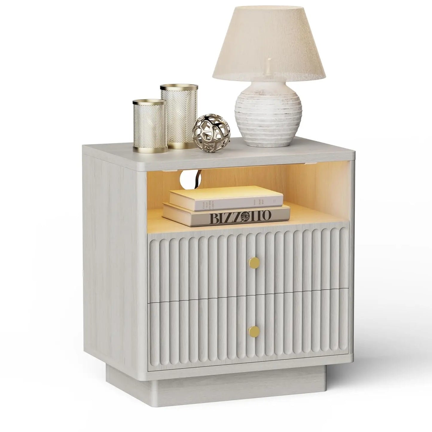 Two-Drawer Nightstand Set With Charging Station And LED Motion Sensor