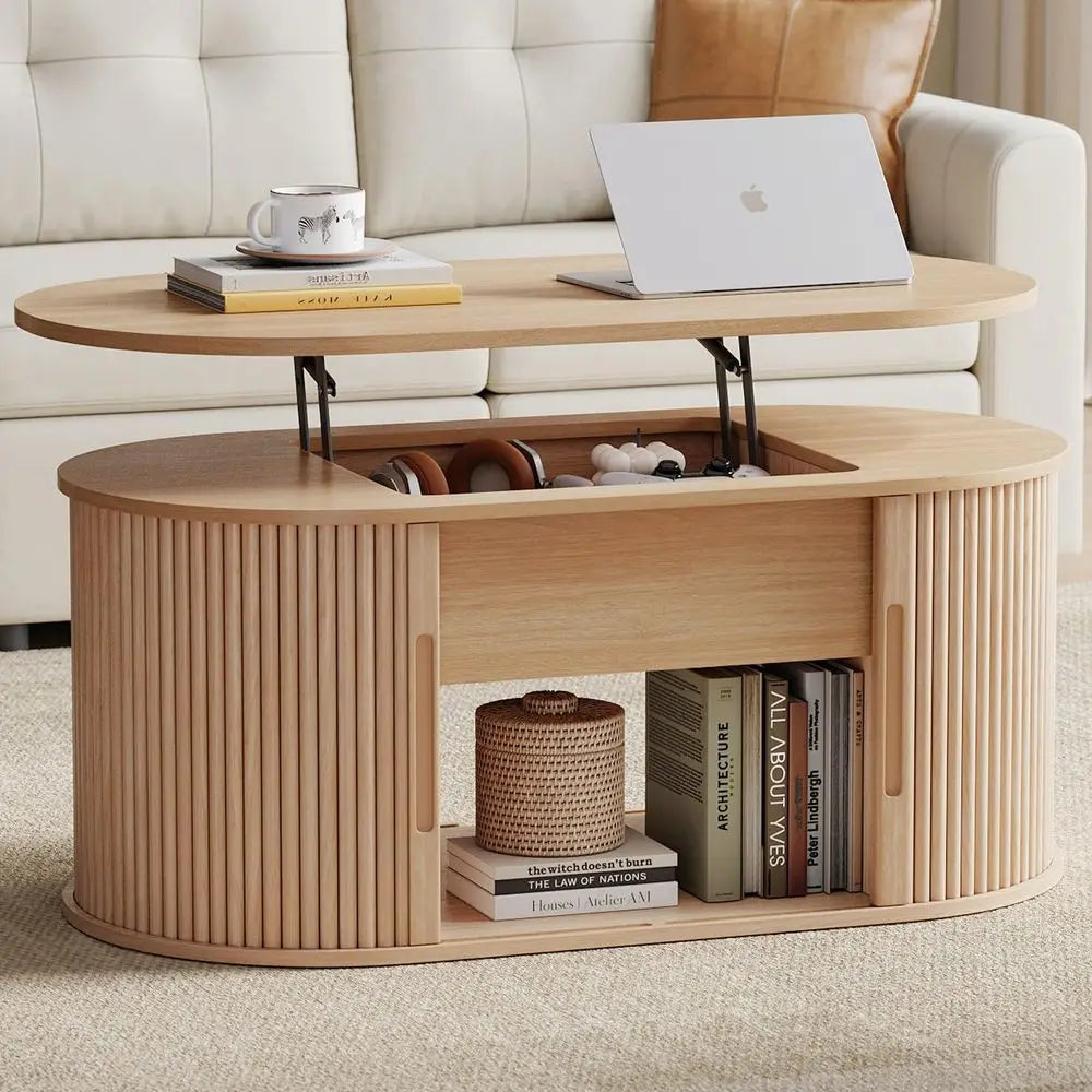 Oval Fluted Tambour Sliding Door Lift-Top Coffee Table With Storage