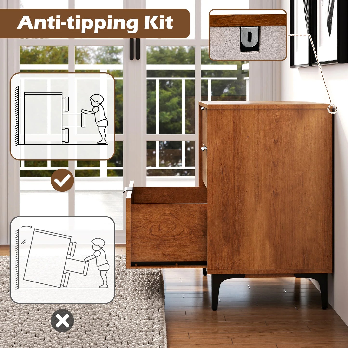 Homasis 3-Drawer Dresser With Metal Support Legs And Anti-Tipping Kit