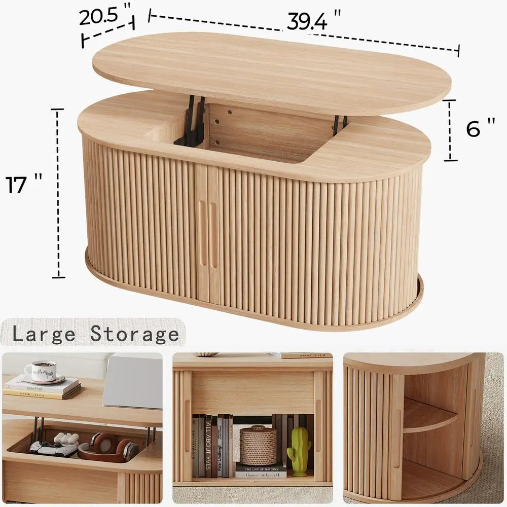 Oval Fluted Tambour Sliding Door Lift-Top Coffee Table With Storage