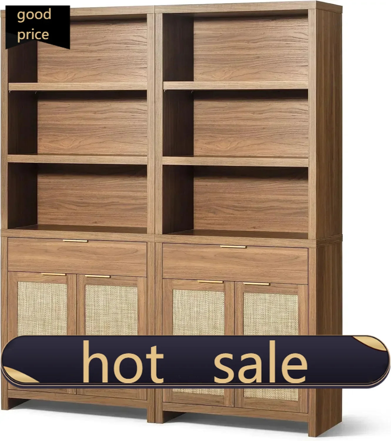 Rattan Bookcase With Doors And Drawer 5 Tier Large Wooden