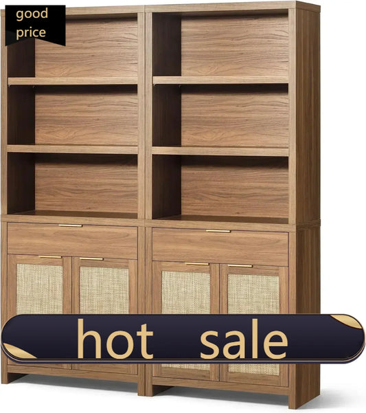 Rattan Bookcase With Doors And Drawer 5 Tier Large Wooden