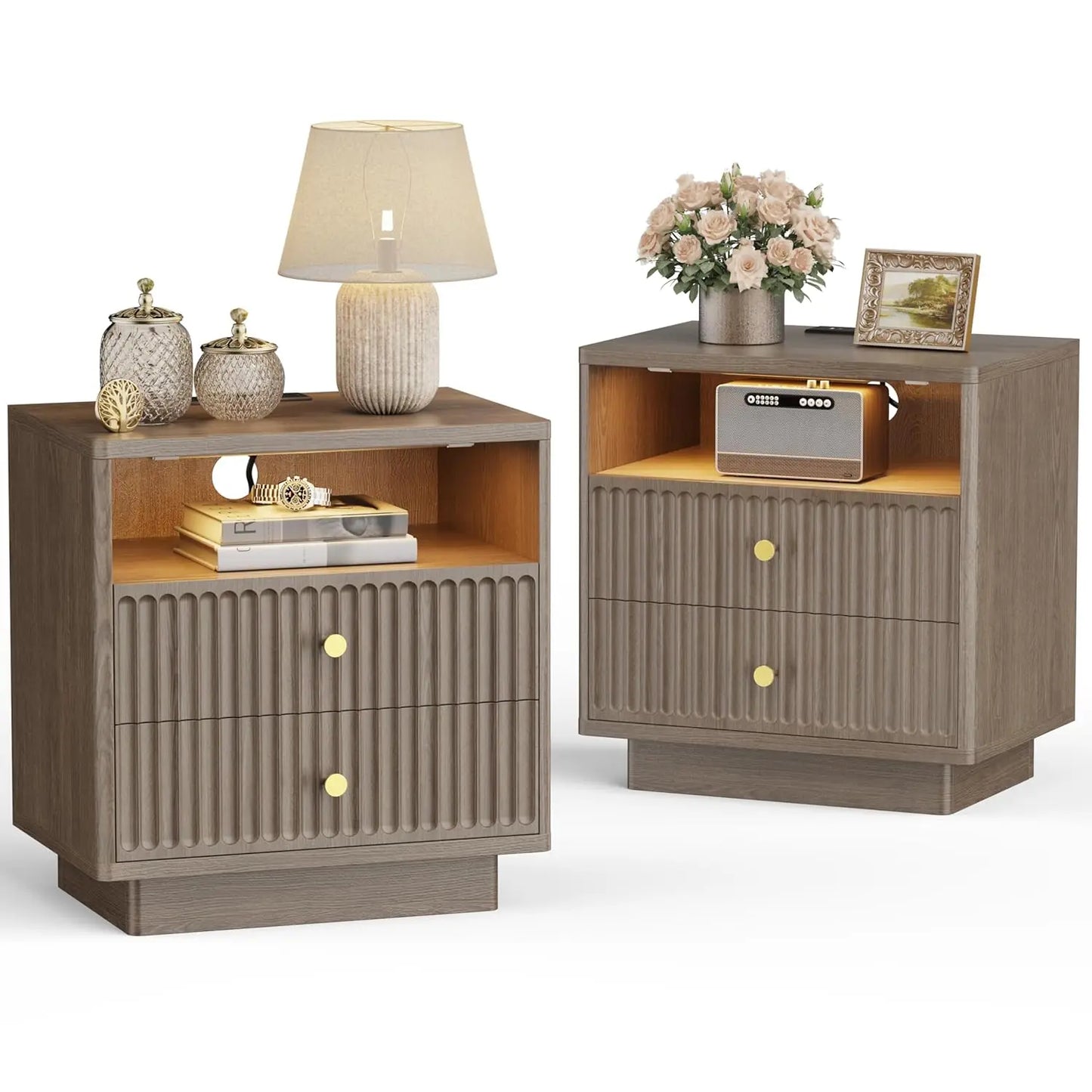 Two-Drawer Nightstand Set With Charging Station And LED Motion Sensor