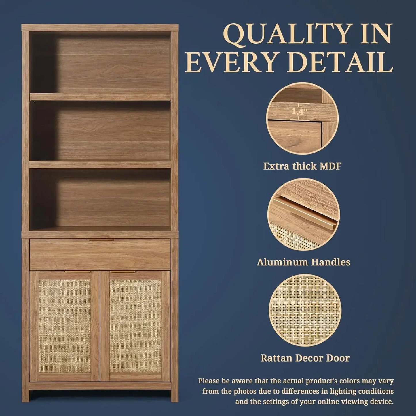 Rattan Bookcase With Doors And Drawer 5 Tier Large Wooden