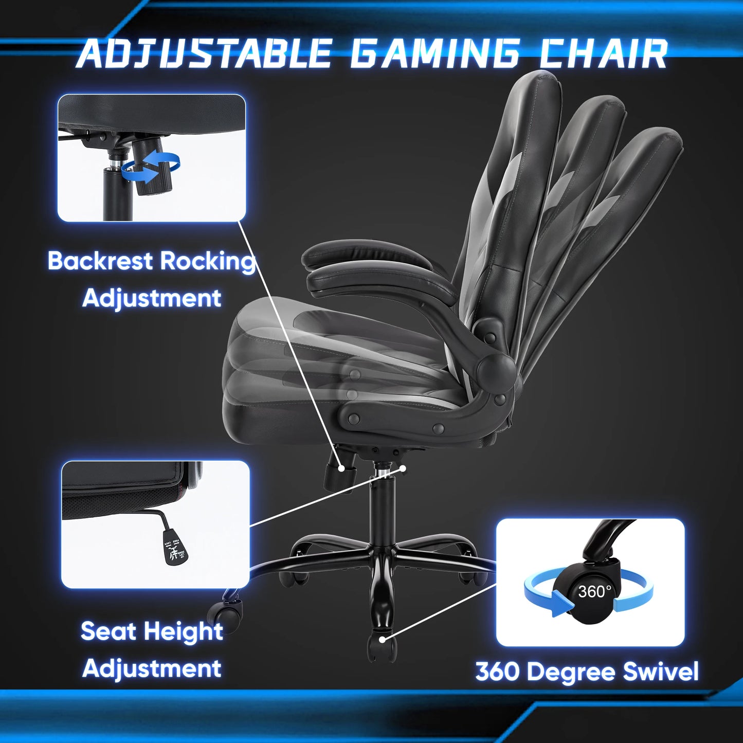 JHK Ergonomic Office Gaming Chair With Adjustable Flip Up Armrests