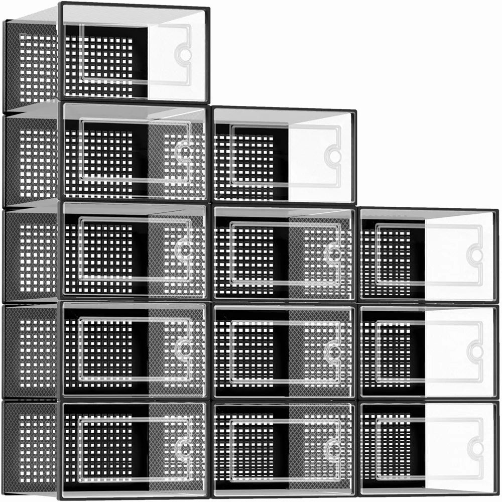 12 Pack Transparent Plastic Stackable Shoe Storage Boxes For Closet Organizer