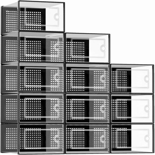 12 Pack Transparent Plastic Stackable Shoe Storage Boxes For Closet Organizer