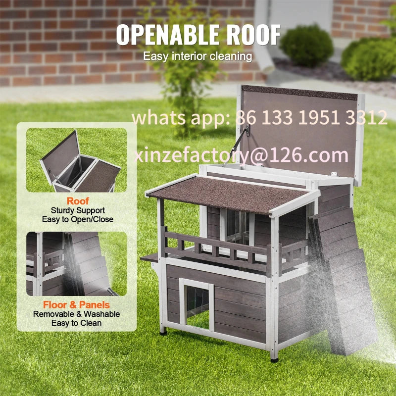 Weatherproof Outdoor Cat House Two Story Wooden Shelter With Balcony