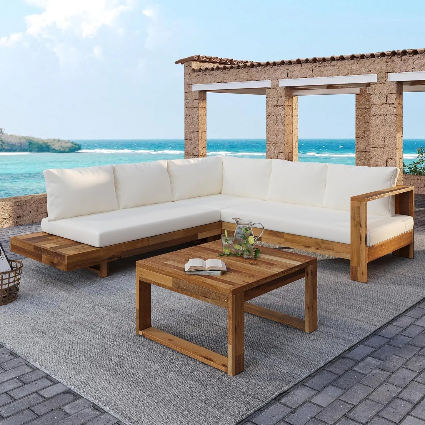 Acacia Wood Outdoor Slatted 4 Piece Sectional Sofa Set Cushions