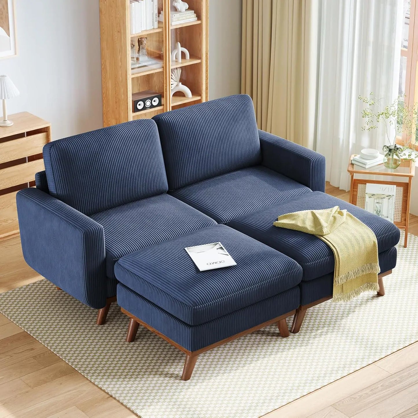 L Shape Modular Sectional Sofa 3 Seat Corduroy Movable Ottoman