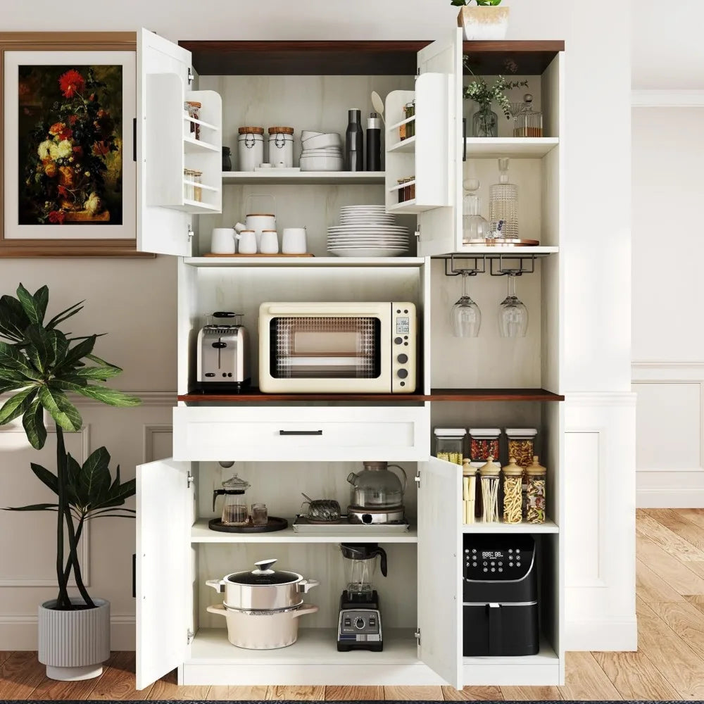 Farmhouse Kitchen Pantry Cabinet With Hutch And Charging Station