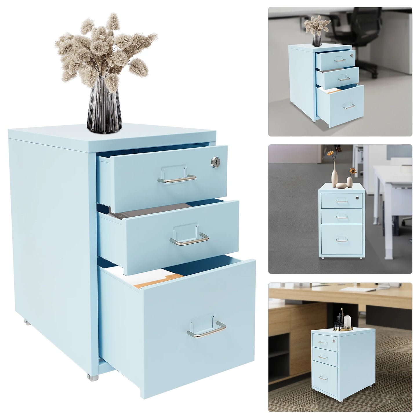 Bymaocar 3 Tier Vertical File Cabinet With Lock On Casters