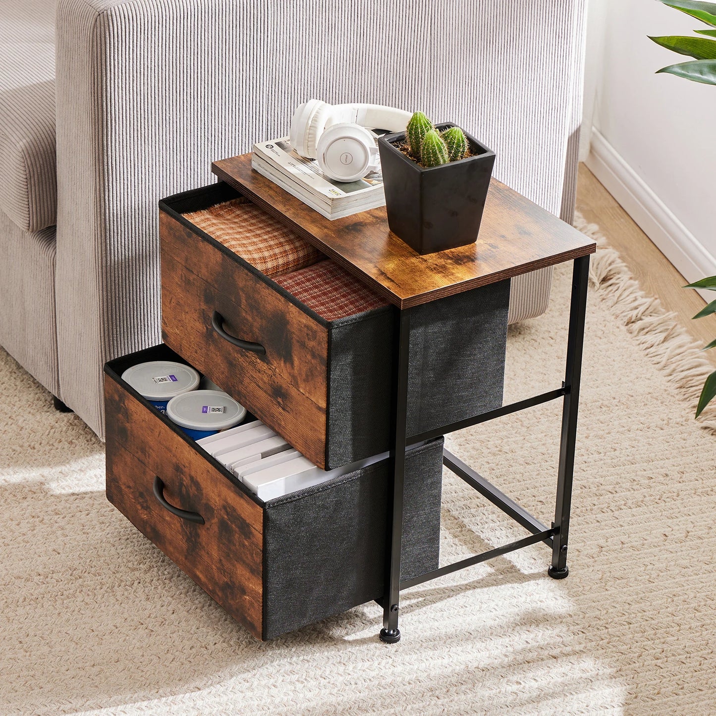JHK Nightstand With Storage Drawers Bedside Table Modern Metal Frame