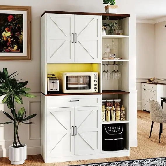 Farmhouse Kitchen Pantry Cabinet With Hutch And Charging Station