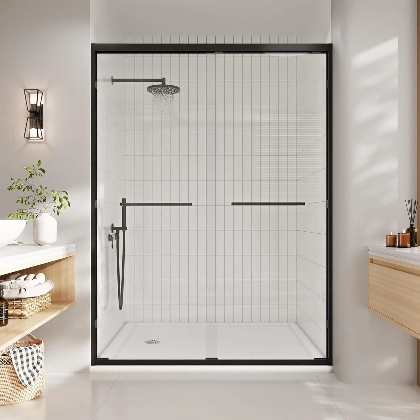 Semi-Frameless Double Sliding Shower Door With Matte Black Frame