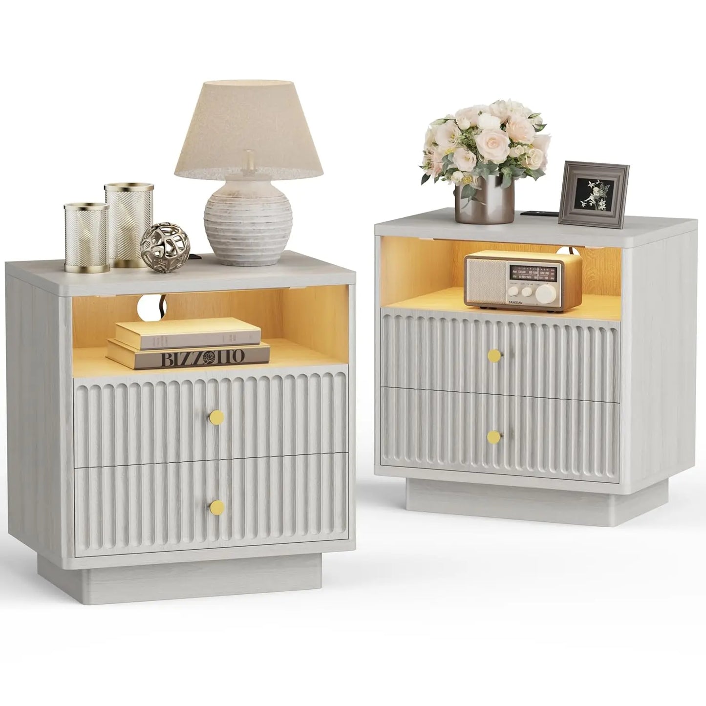 Two-Drawer Nightstand Set With Charging Station And LED Motion Sensor