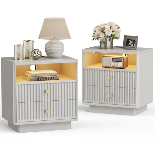 Two-Drawer Nightstand Set With Charging Station And LED Motion Sensor