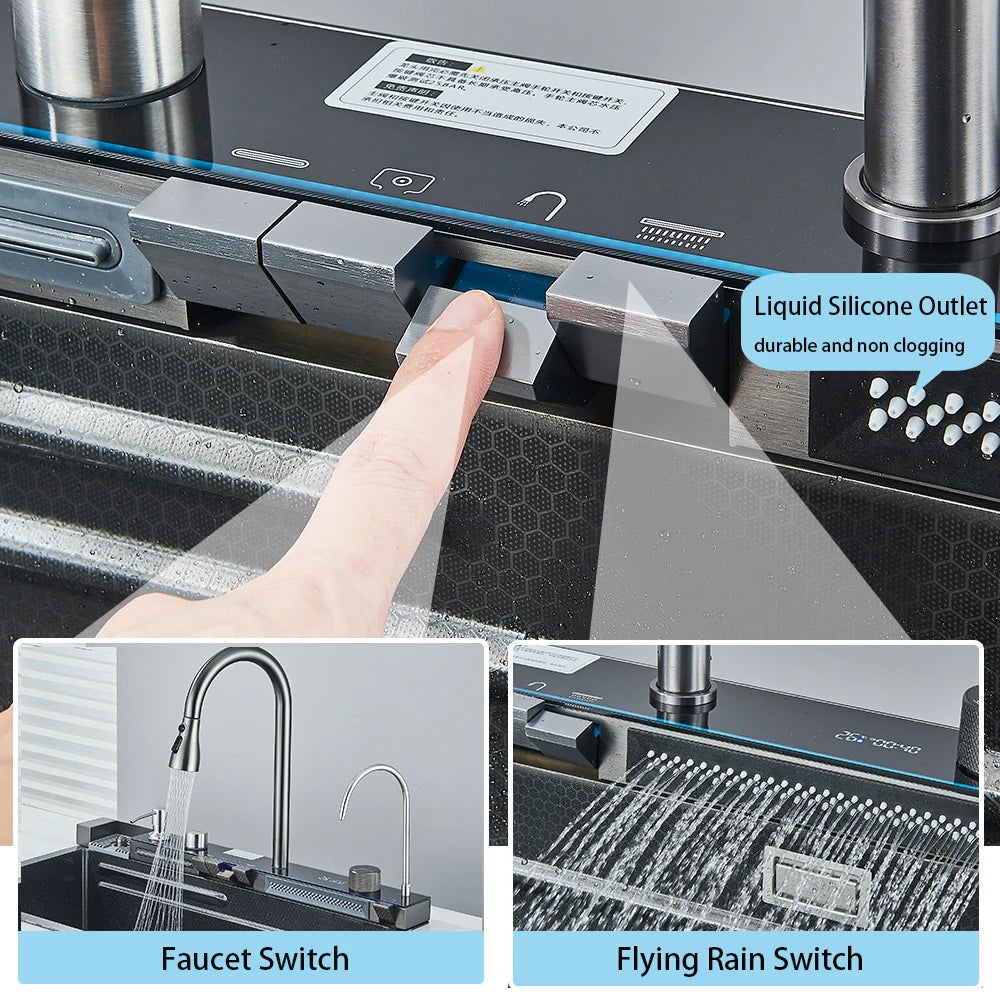 Multifunctional Kitchen Waterfall Sink With Digital Display, 304 Stainless Steel
