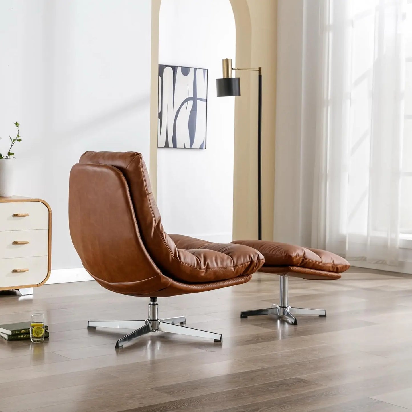 Mid Century Modern Faux Leather Accent Chair With Ottoman