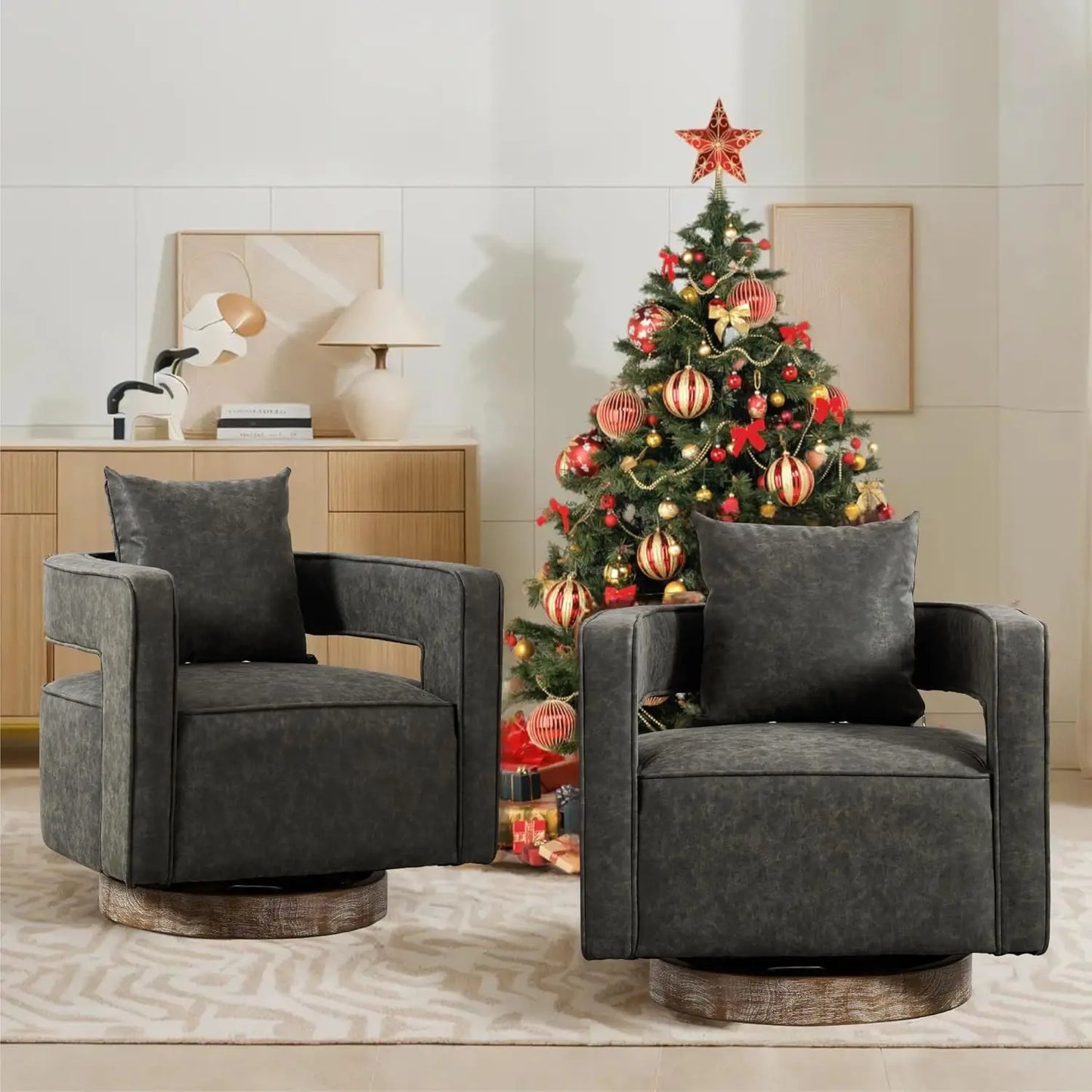 Upholstered Swivel Accent Chair Set Of 2 Linen Open Back