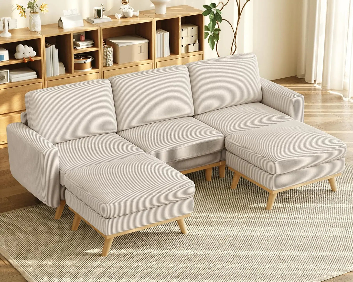 L Shape Modular Sectional Sofa 3 Seat Corduroy Movable Ottoman
