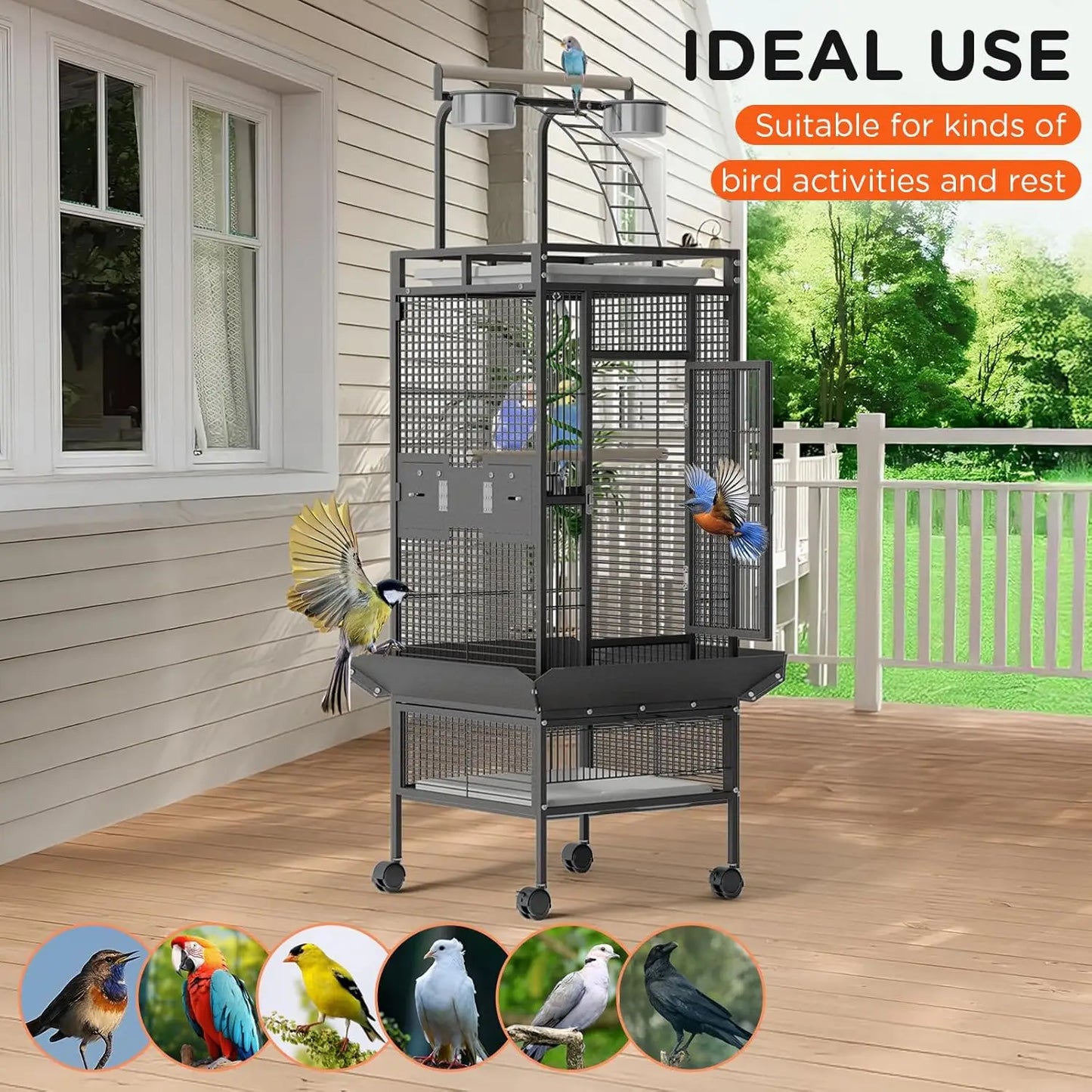 HiMISS Rolling Parrot Cage With Play Top Stainless Steel Bowls