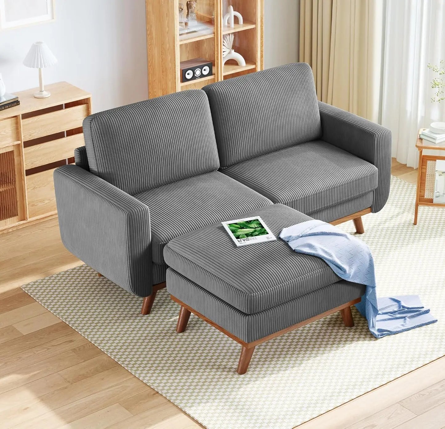 L Shape Modular Sectional Sofa 3 Seat Corduroy Movable Ottoman