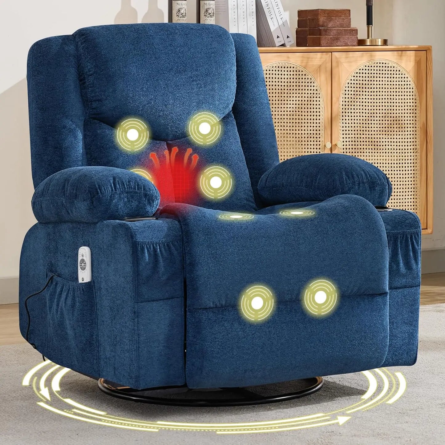 Swivel Recliner Chair With Massage And Heat, Rocker, Cup Holders