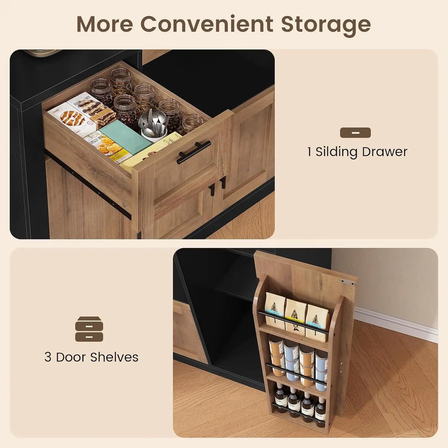 Pantry Cabinet With Charging Station And Lighting Microwave Stand