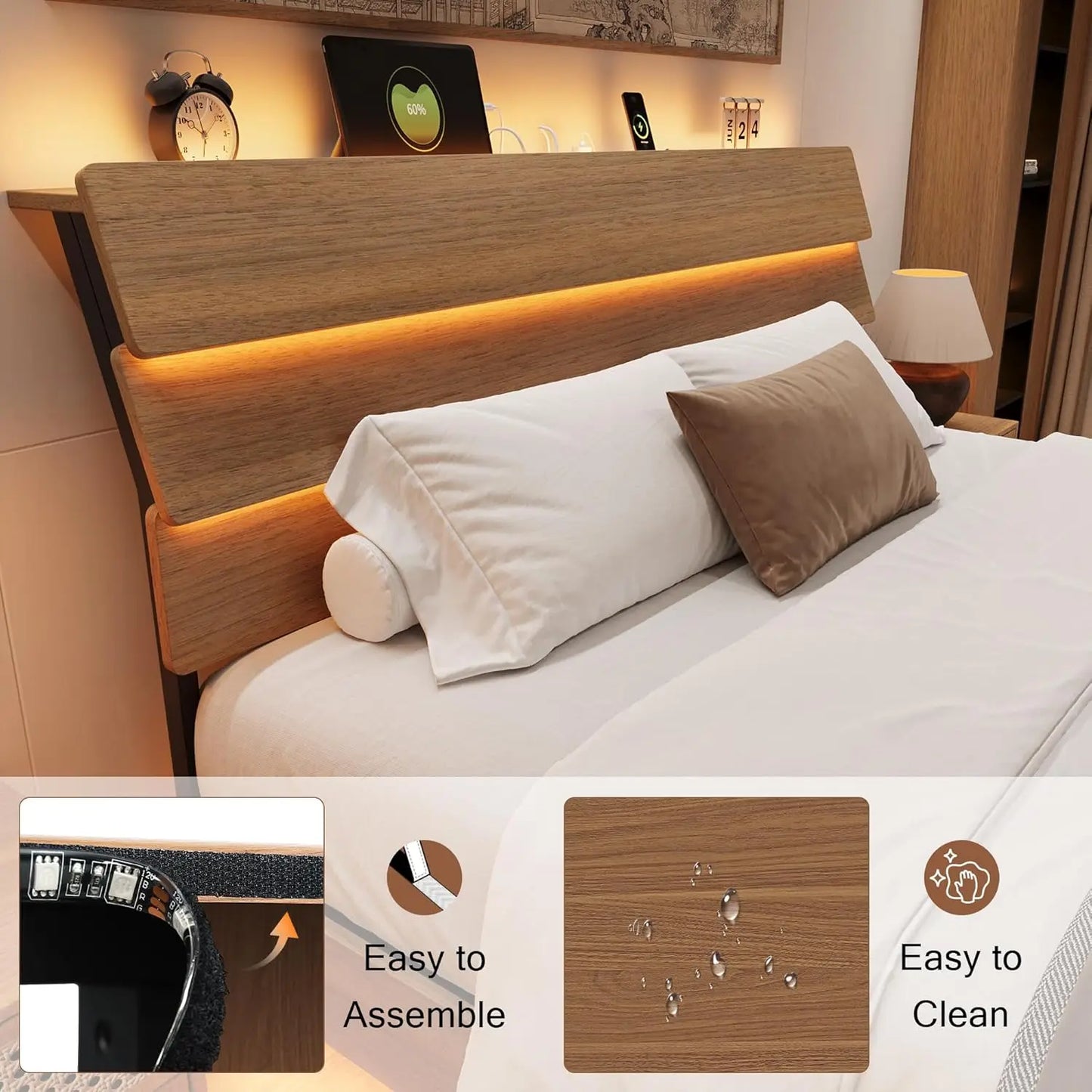 LED Headboard Floating Bed Frame With USB Charging Station Integrated