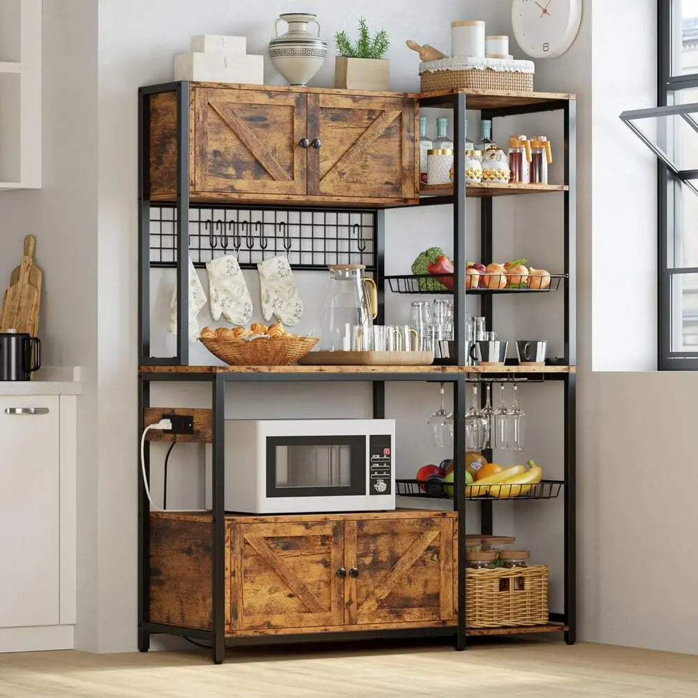 IRONCK Kitchen Bakers Rack With Storage Cabinets And Power Outlet