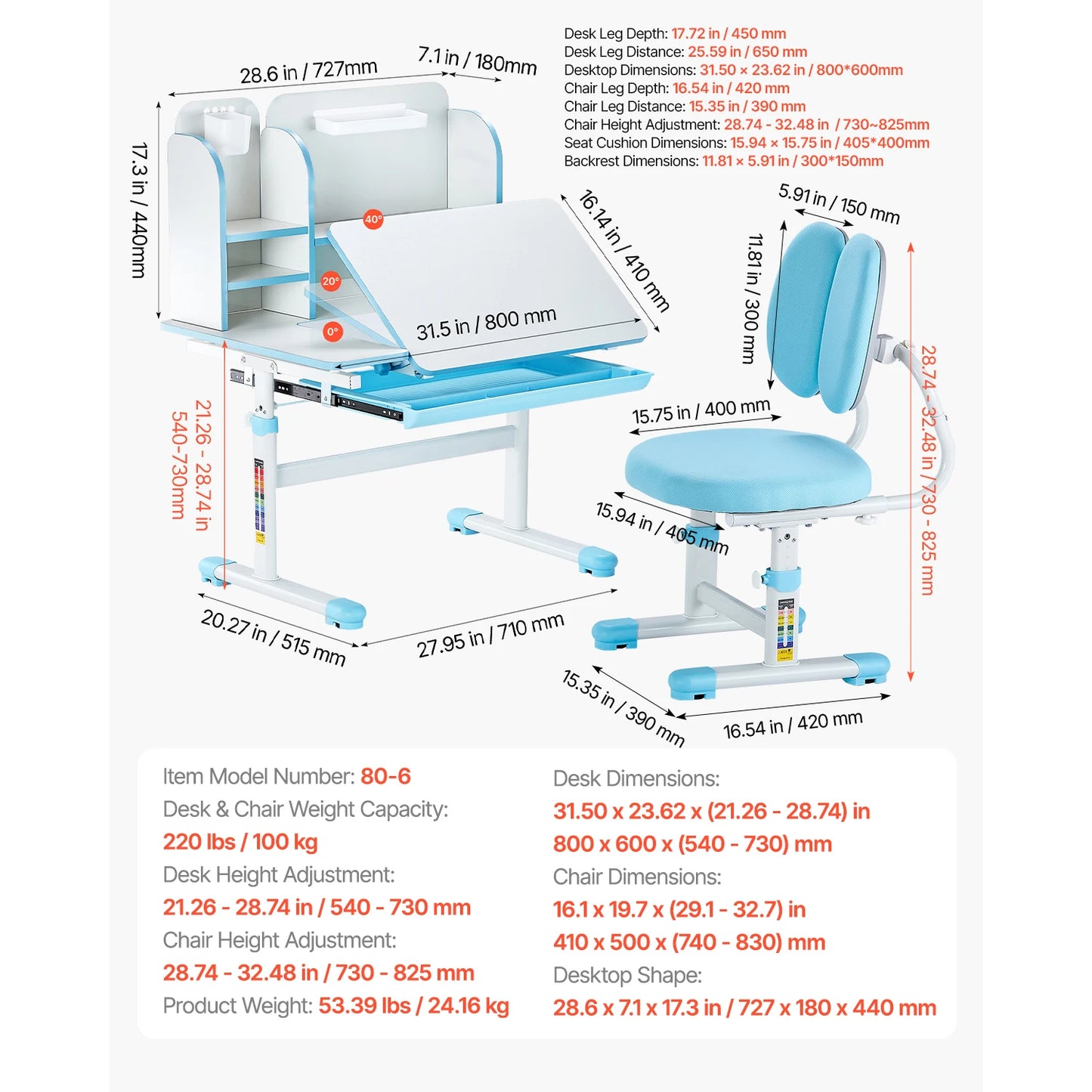 SucceBuy Kids Study Desk and Chair Set with Adjustable Height
