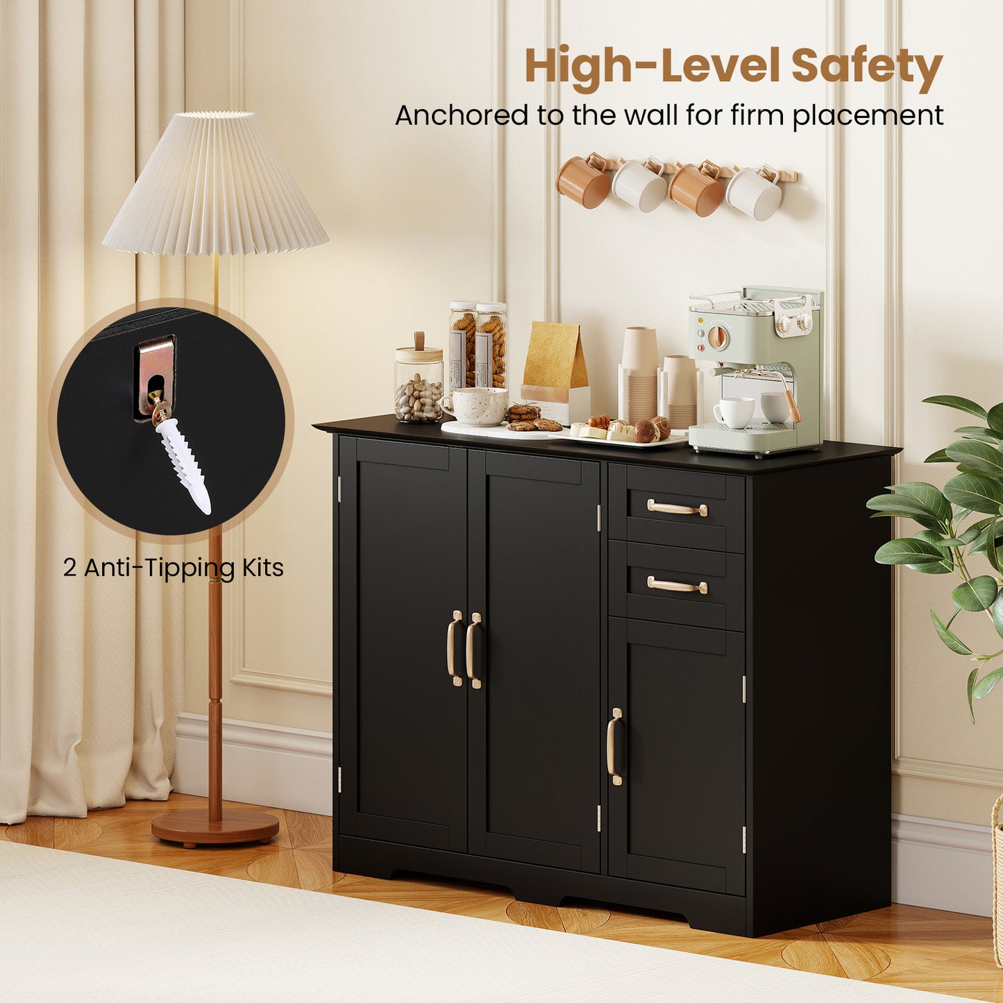 HOMASIS Sideboard Buffet Cabinet Modern Kitchen Storage Organizer With Drawers
