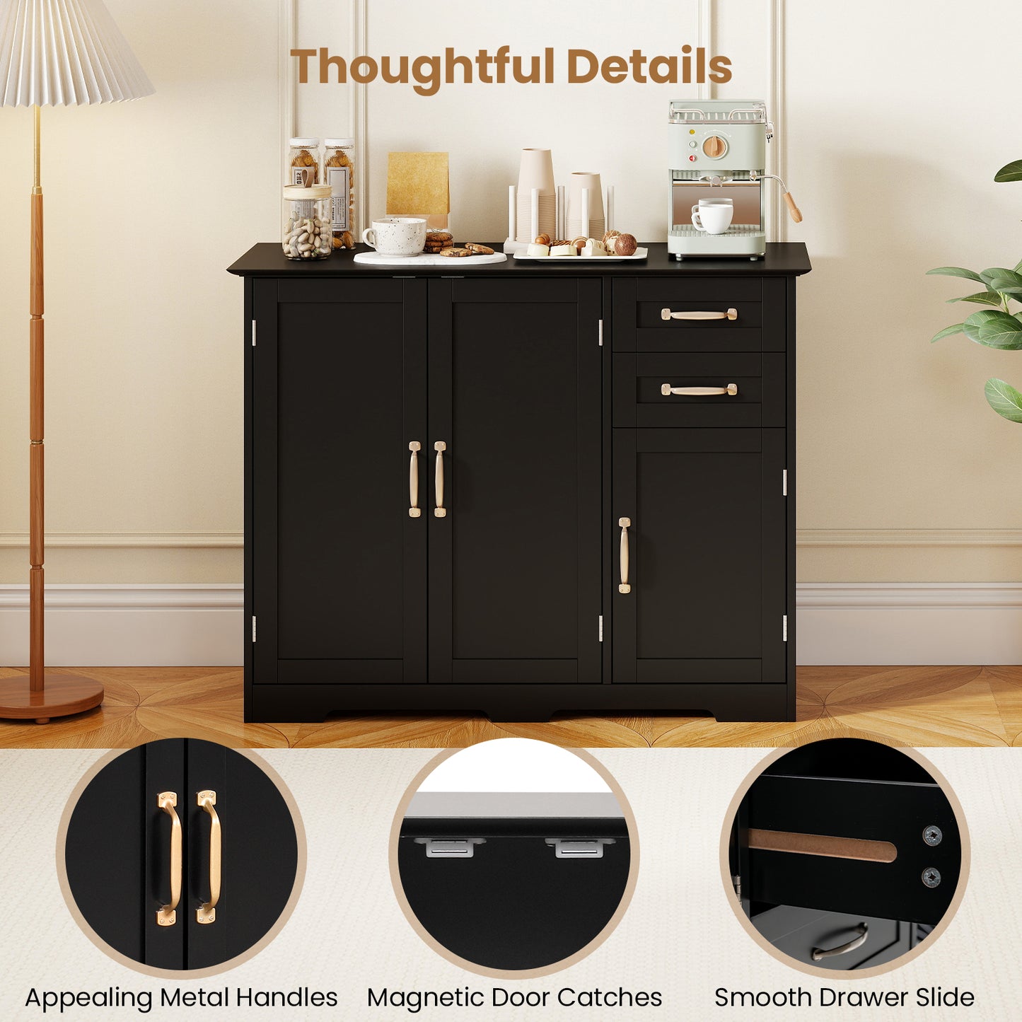 HOMASIS Sideboard Buffet Cabinet Modern Kitchen Storage Organizer With Drawers