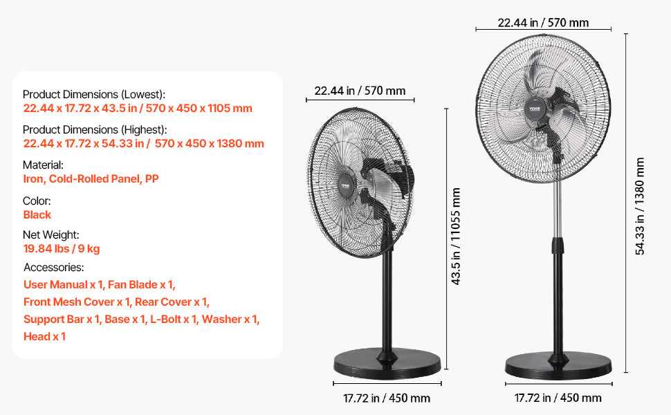VEVOR Industrial Pedestal Fan 85-Degree Oscillating 3-Speed